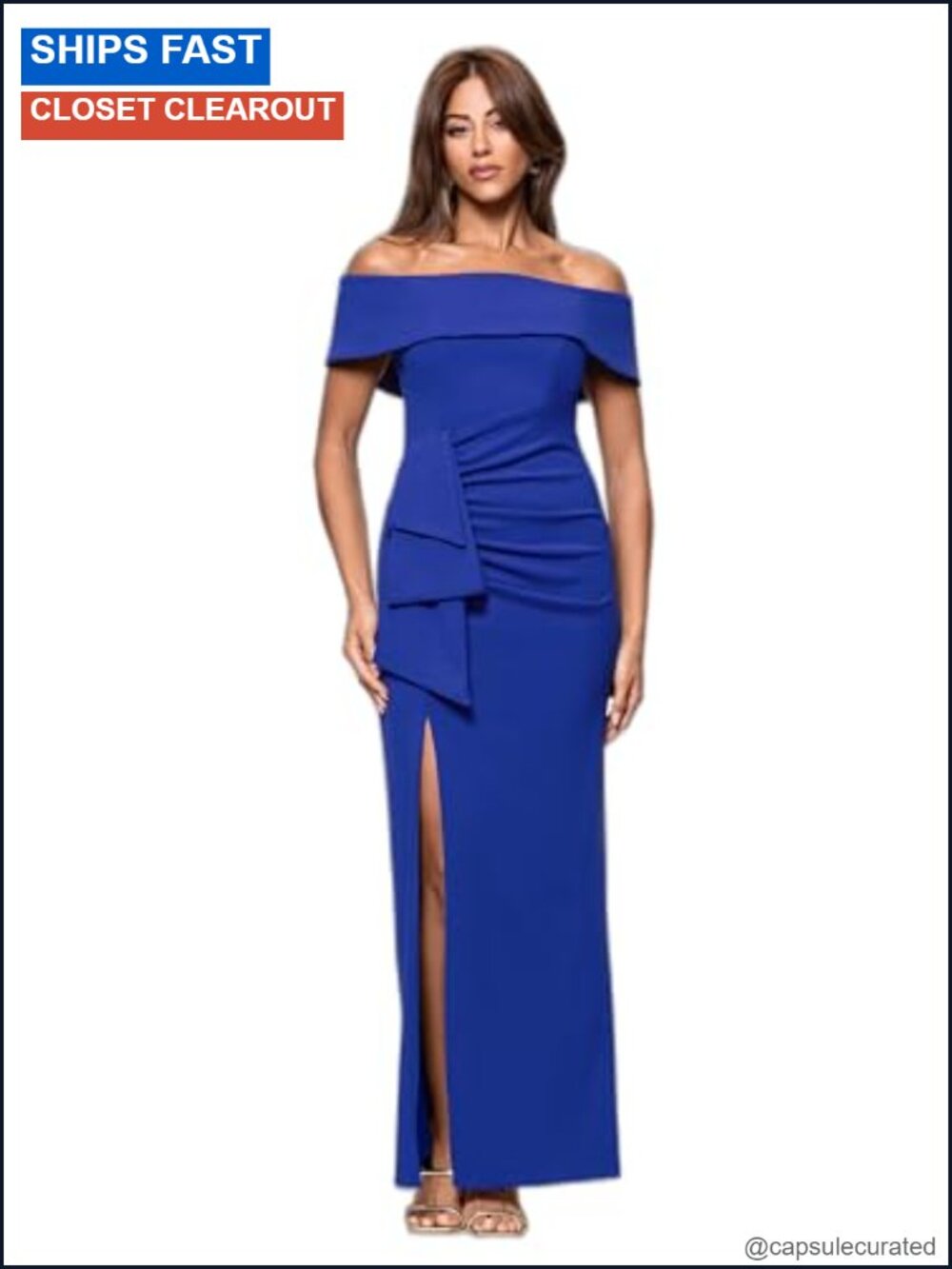 Off Shoulder Straight Neck Evening Gown with Foldover Cuff, Side Ruffle, Leg